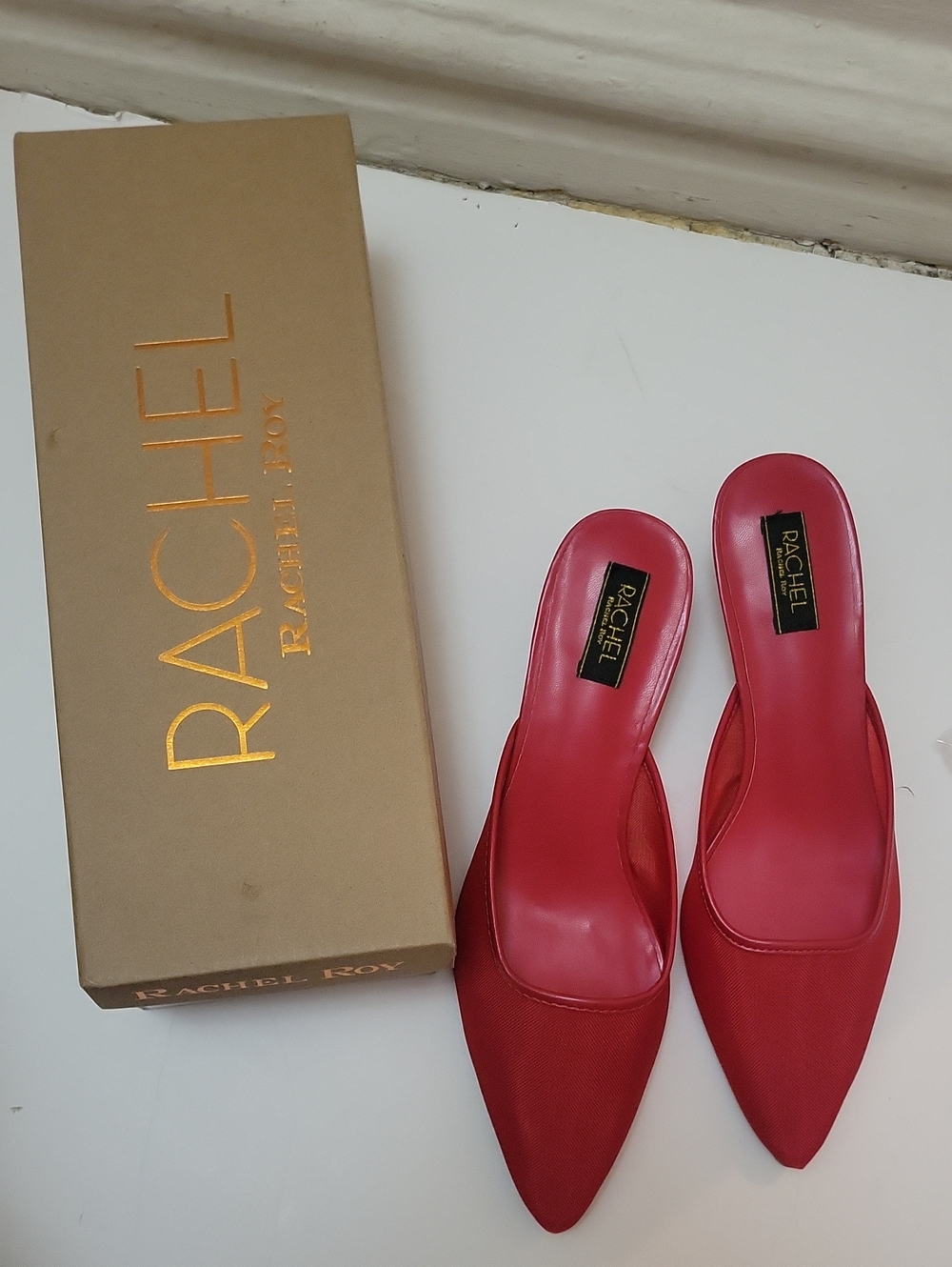 RACHEL Rachel Roy Red Pointed Toe Slide Mules NIB Office Siren Coquette Girly